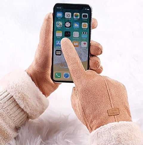 Luxury Soft Suede and Faux Fur Cute Winter Thermal Warm Gloves Mittens Winter Accessories Hand Arm Warmer Gloves