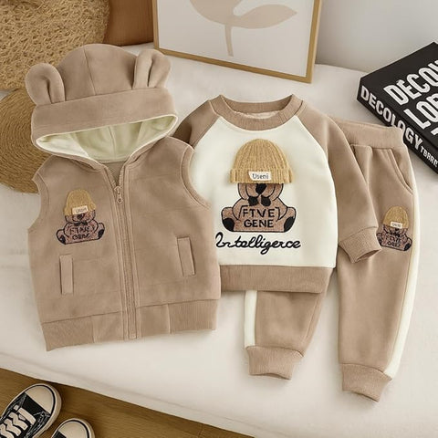 Kids Cotton Blend Winter Warm Bear With 3D Cap Print Sweatshirt Jacket & Pant 3-Piece Set