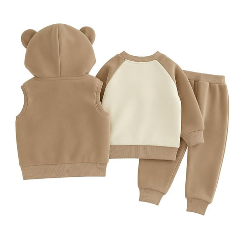 Kids Cotton Blend Winter Warm Bear With 3D Cap Print Sweatshirt Jacket & Pant 3-Piece Set
