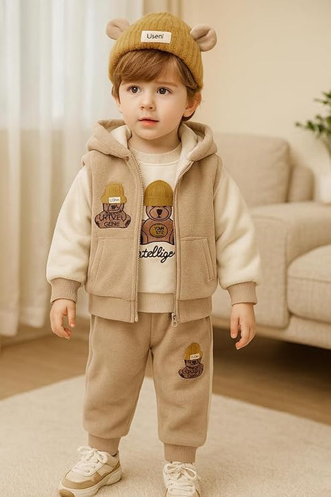 Kids Cotton Blend Winter Warm Bear With 3D Cap Print Sweatshirt Jacket & Pant 3-Piece Set