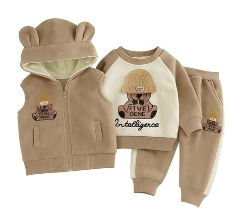 Kids Cotton Blend Winter Warm Bear With 3D Cap Print Sweatshirt Jacket & Pant 3-Piece Set