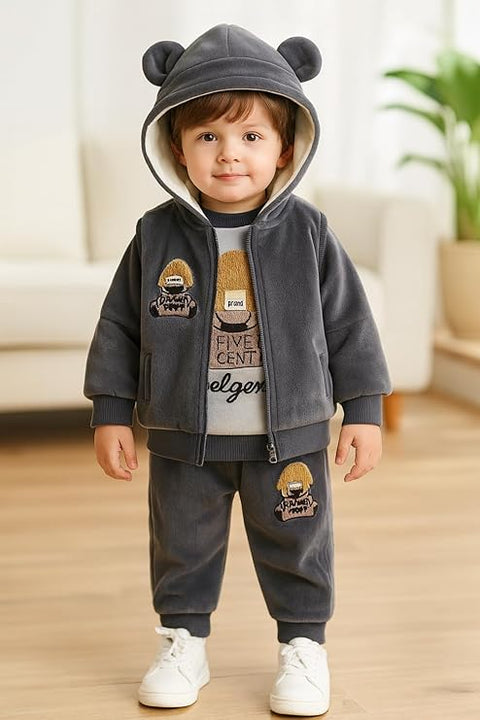 Kids Cotton Blend Winter Warm Bear With 3D Cap Print Sweatshirt Jacket & Pant 3-Piece Set