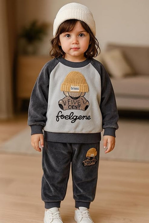 Kids Cotton Blend Winter Warm Bear With 3D Cap Print Sweatshirt Jacket & Pant 3-Piece Set