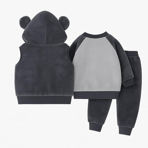 Kids Cotton Blend Winter Warm Bear With 3D Cap Print Sweatshirt Jacket & Pant 3-Piece Set