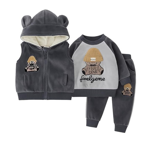 Kids Cotton Blend Winter Warm Bear With 3D Cap Print Sweatshirt Jacket & Pant 3-Piece Set