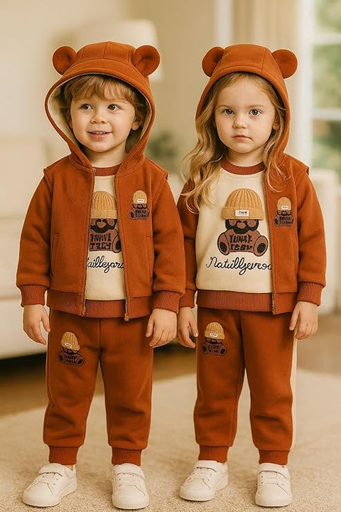 Kids Cotton Blend Winter Warm Bear With 3D Cap Print Sweatshirt Jacket & Pant 3-Piece Set