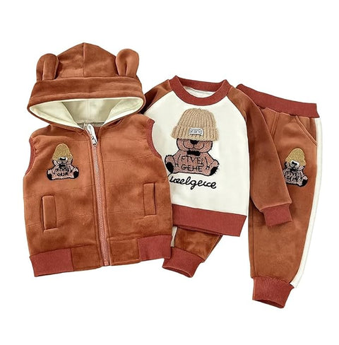 Kids Cotton Blend Winter Warm Bear With 3D Cap Print Sweatshirt Jacket & Pant 3-Piece Set