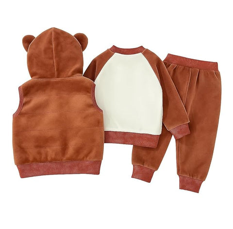 Kids Cotton Blend Winter Warm Bear With 3D Cap Print Sweatshirt Jacket & Pant 3-Piece Set