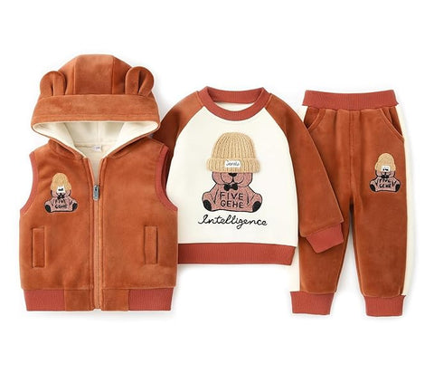 Kids Cotton Blend Winter Warm Bear With 3D Cap Print Sweatshirt Jacket & Pant 3-Piece Set