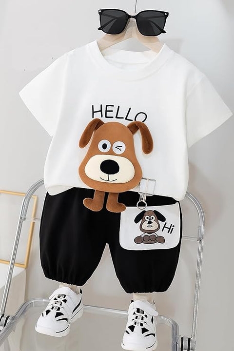 Kids 3D Dog Patch Cotton T-shirt & Short Set
