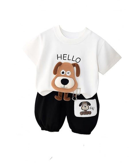 Kids 3D Dog Patch Cotton T-shirt & Short Set