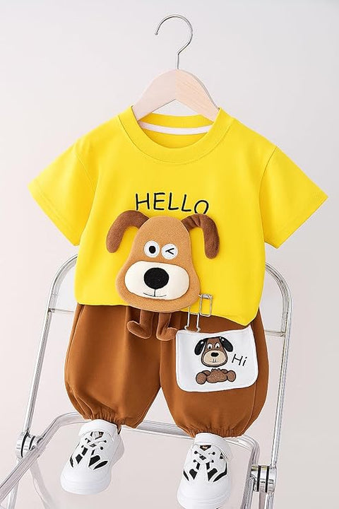 Kids 3D Dog Patch Cotton T-shirt & Short Set