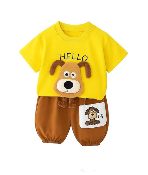 Kids 3D Dog Patch Cotton T-shirt & Short Set
