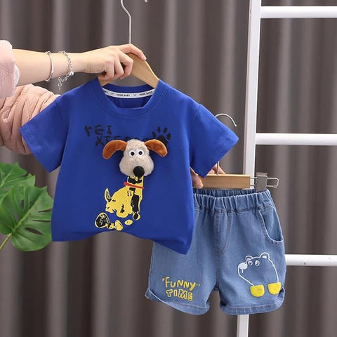 3D Puppy Cartoon T-Shirt & Denim Shorts Set