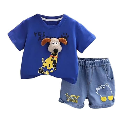3D Puppy Cartoon T-Shirt & Denim Shorts Set