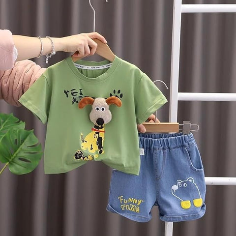3D Puppy Cartoon T-Shirt & Denim Shorts Set