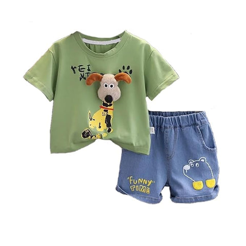 3D Puppy Cartoon T-Shirt & Denim Shorts Set