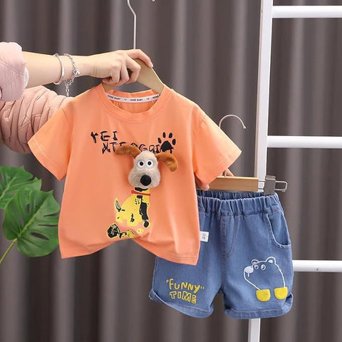 3D Puppy Cartoon T-Shirt & Denim Shorts Set