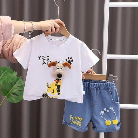 3D Puppy Cartoon T-Shirt & Denim Shorts Set