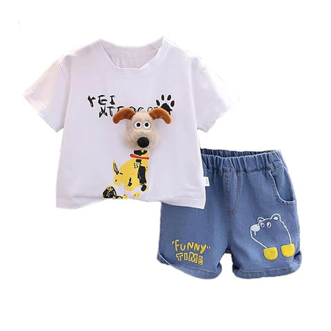 3D Puppy Cartoon T-Shirt & Denim Shorts Set