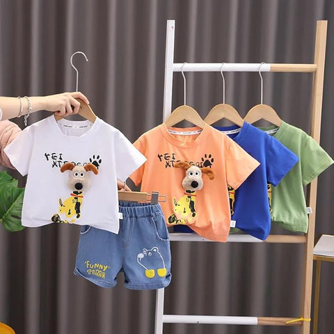 3D Puppy Cartoon T-Shirt & Denim Shorts Set