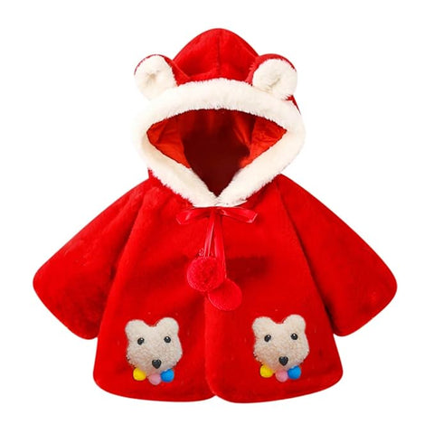 Girl's Standard Length Soft Furry Warm Winter Hooded Party Poncho Jacket