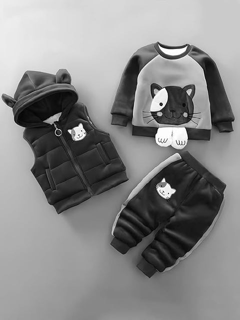 3D Fur Reindeer Cartoon Thick Winter Warm T-shirt Pant with Hood Jacket 3 Pc Clothing Set for Infant Toddler Kids