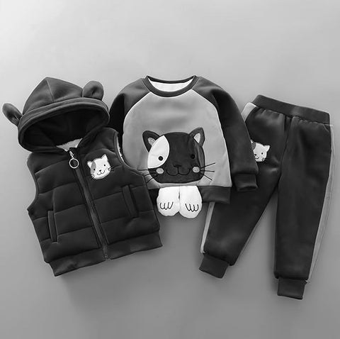 3D Fur Reindeer Cartoon Thick Winter Warm T-shirt Pant with Hood Jacket 3 Pc Clothing Set for Infant Toddler Kids