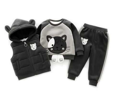 3D Fur Reindeer Cartoon Thick Winter Warm T-shirt Pant with Hood Jacket 3 Pc Clothing Set for Infant Toddler Kids