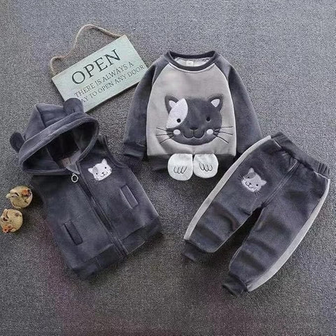 3D Fur Reindeer Cartoon Thick Winter Warm T-shirt Pant with Hood Jacket 3 Pc Clothing Set for Infant Toddler Kids