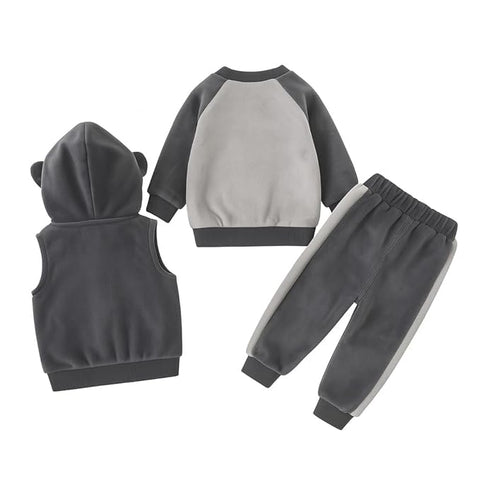 3D Fur Reindeer Cartoon Thick Winter Warm T-shirt Pant with Hood Jacket 3 Pc Clothing Set for Infant Toddler Kids