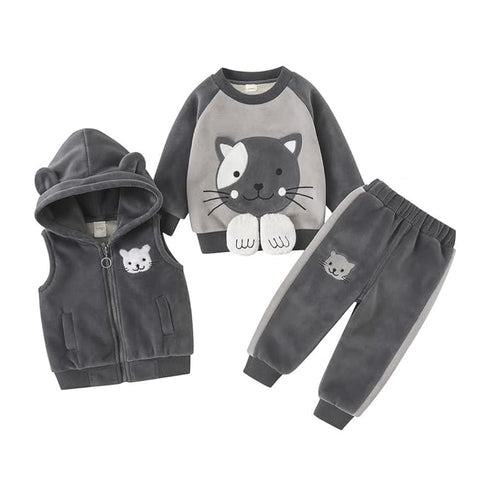 3D Fur Reindeer Cartoon Thick Winter Warm T-shirt Pant with Hood Jacket 3 Pc Clothing Set for Infant Toddler Kids