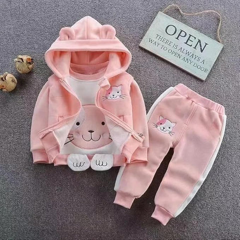 3D Fur Reindeer Cartoon Thick Winter Warm T-shirt Pant with Hood Jacket 3 Pc Clothing Set for Infant Toddler Kids