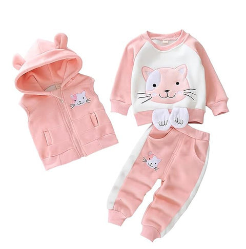 3D Fur Reindeer Cartoon Thick Winter Warm T-shirt Pant with Hood Jacket 3 Pc Clothing Set for Infant Toddler Kids