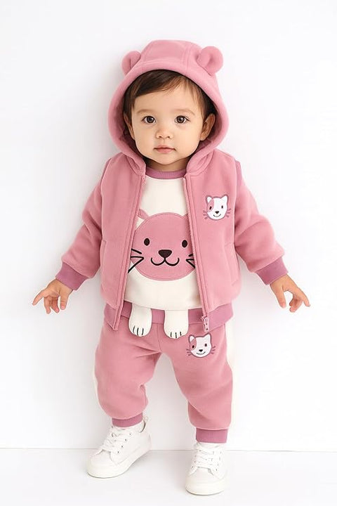 Kids 3D Fur Cartoon Thick Winter Warm T-shirt Pant with Hood Jacket 3 Pc Clothing Set