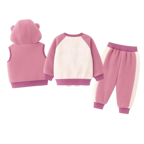 Kids 3D Fur Cartoon Thick Winter Warm T-shirt Pant with Hood Jacket 3 Pc Clothing Set