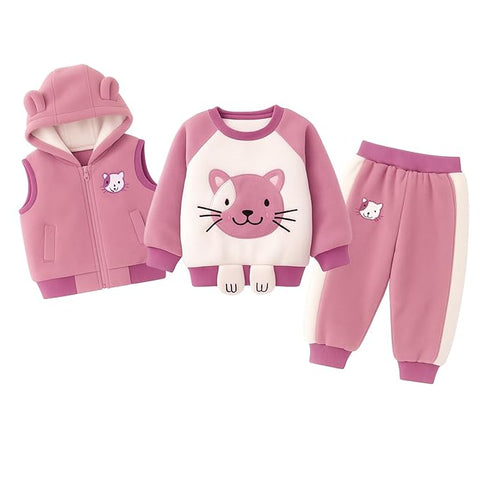 Kids 3D Fur Cartoon Thick Winter Warm T-shirt Pant with Hood Jacket 3 Pc Clothing Set