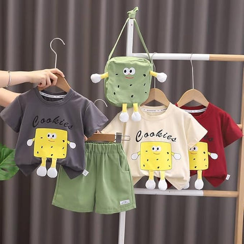 3D Cartoon T-Shirt & Shorts with Sling Bag