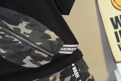 Half Sleeve Army Camouflage Print Pocket Pouch Attached T-shirt and Shorts Set for Infant Toddler Kids