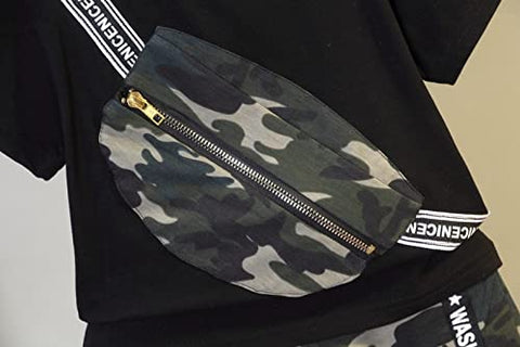 Half Sleeve Army Camouflage Print Pocket Pouch Attached T-shirt and Shorts Set for Infant Toddler Kids