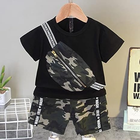Half Sleeve Army Camouflage Print Pocket Pouch Attached T-shirt and Shorts Set for Infant Toddler Kids