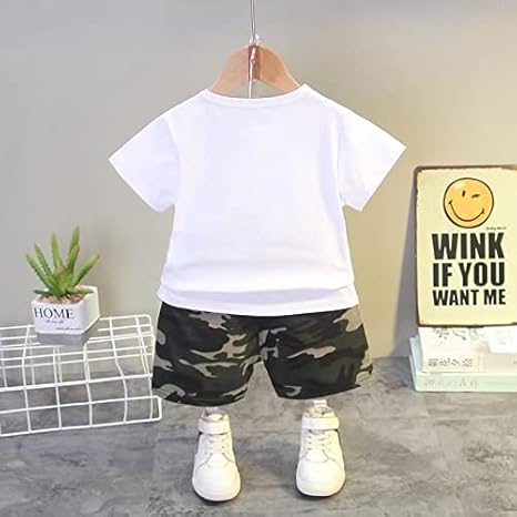 Half Sleeve Army Camouflage Print Pocket Pouch Attached T-shirt and Shorts Set for Infant Toddler Kids