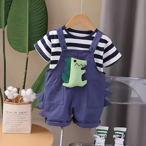 Dino Delight Kids Striped T-Shirt & Dungaree Set