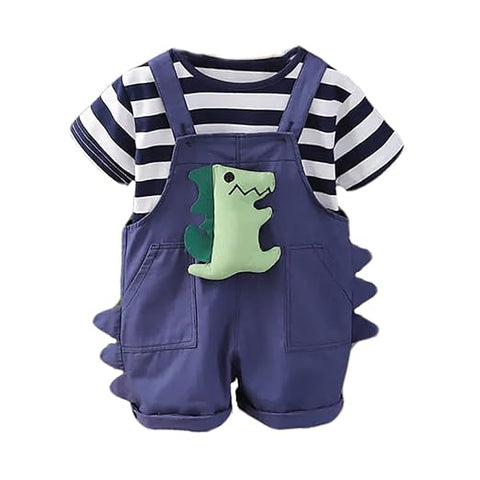 Dino Delight Kids Striped T-Shirt & Dungaree Set