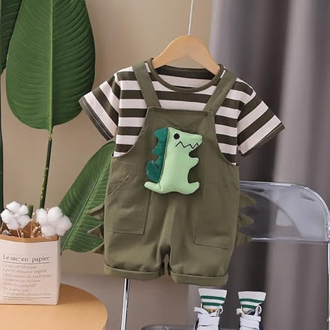 Dino Delight Kids Striped T-Shirt & Dungaree Set