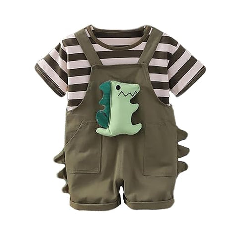 Dino Delight Kids Striped T-Shirt & Dungaree Set