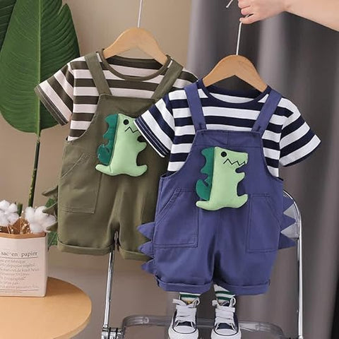 Dino Delight Kids Striped T-Shirt & Dungaree Set
