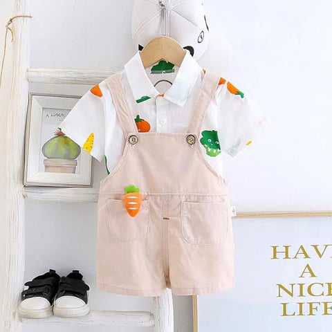 Kids Veggie Print Shirt & Dungaree Set With Cartoon Brooch