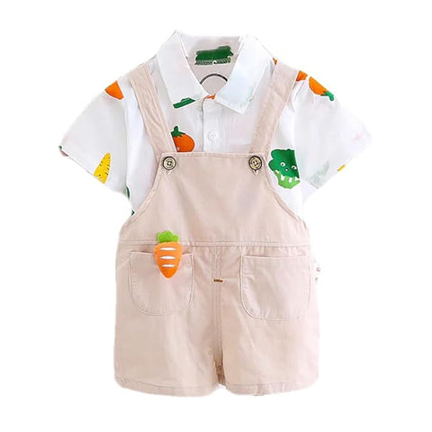 Kids Veggie Print Shirt & Dungaree Set With Cartoon Brooch