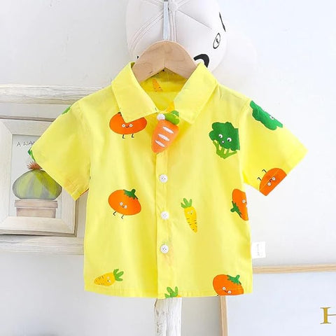 Kids Veggie Print Shirt & Dungaree Set With Cartoon Brooch